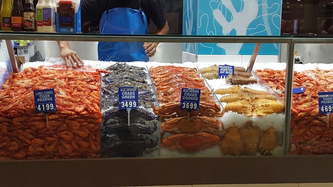 Fresh prawns, crabs and shellfish on ice at the Balgowlah Seafood counter